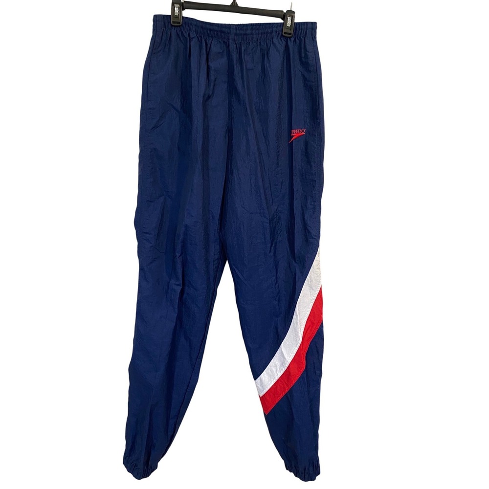 Vintage Speedo Mens Navy Blue Nylon Track Pants Stripe Zip Leg L‎ USA Olympics